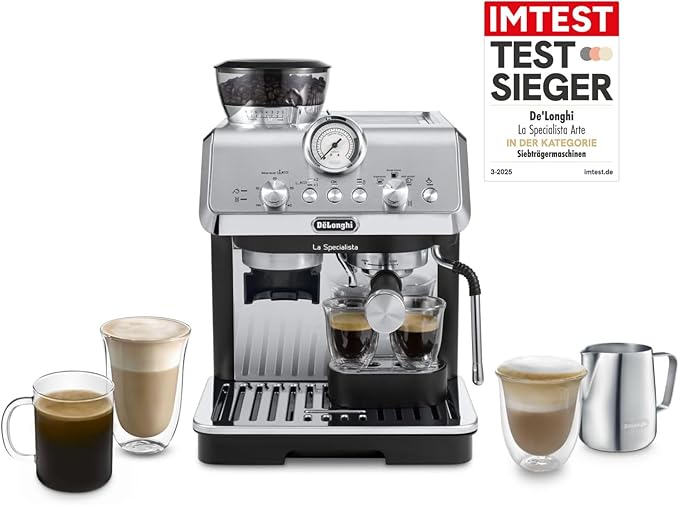 De'Longhi La Specialista Arte EC9155.MB Portafilter Machine, Espresso Machine with Grinder, 8 Grinding Levels, 15 Bar, 3 Temperatures, Milk Foam Nozzle, 1550 W, 1.7 L Tank, Stainless Steel/Black, Includes Barista Kit